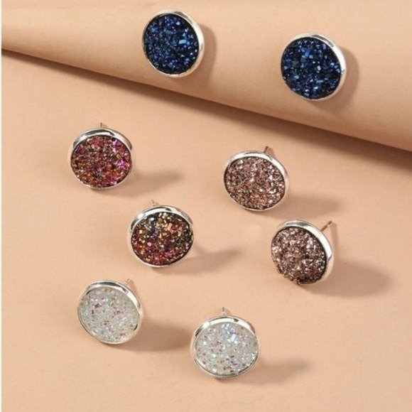 3/$30 Set of 4 Pairs Glittering Druzzy Stud Earrings - Picture 2 of 2